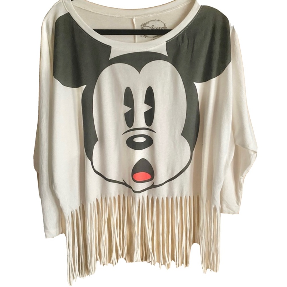 Disney + Forever 21: Long Sleeve Mickey Mouse T-shirt W/ Fringe | Size L